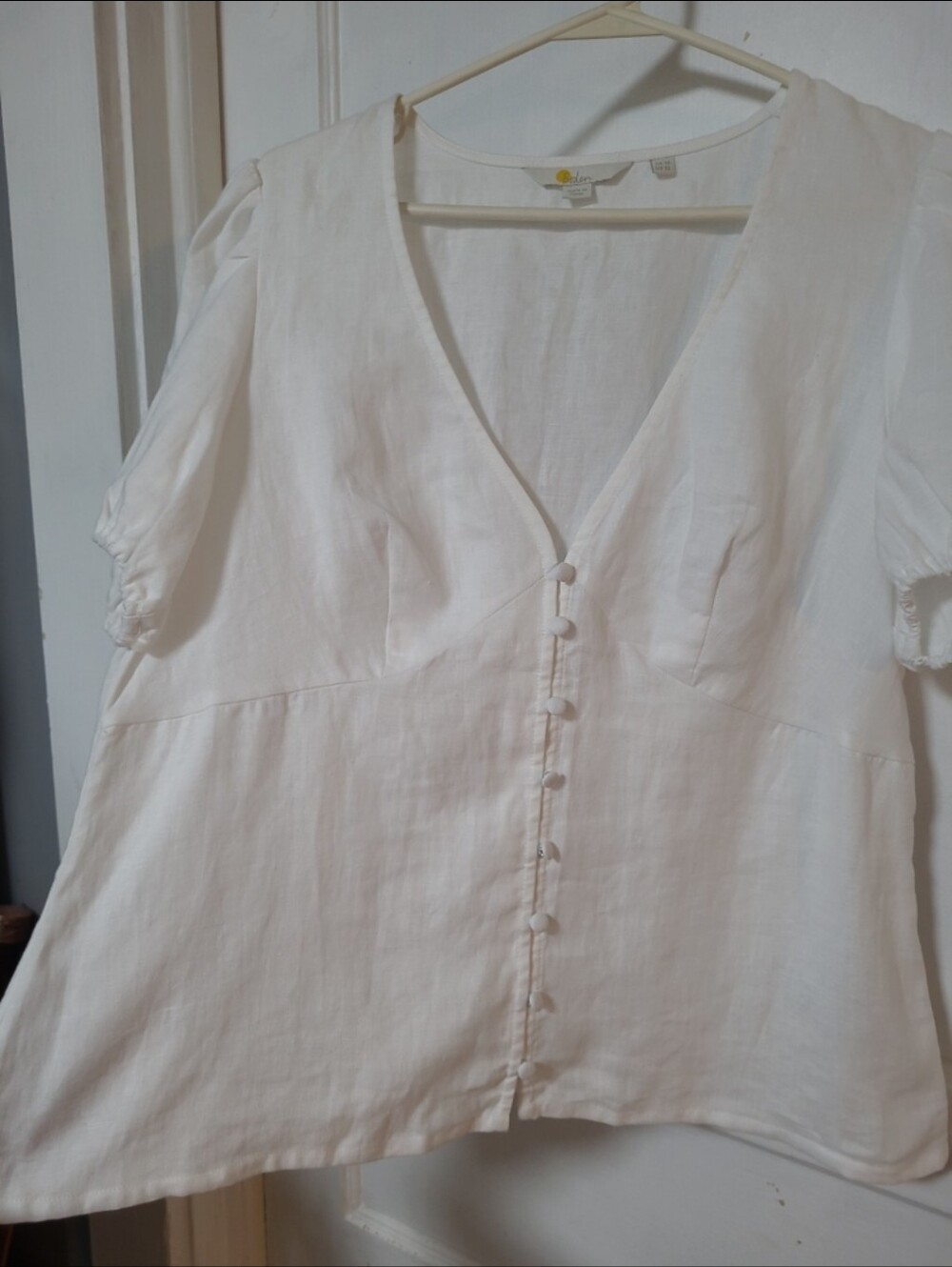 Boden Linen White Puff Sleeve Button-Front Blouse 12 LARGE - Picture 3 of 6